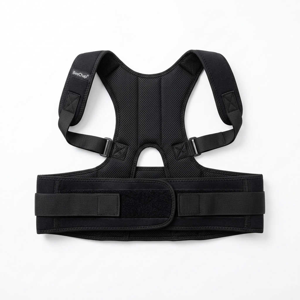 Photo professionnelle produit e-commerce _ correcteur de posture dorsal noir BeeChap sur fond blanc pur, vue de face du produit seul posé à plat, éclairage studio doux, ombres légères, rendu net et propre, sty (3)