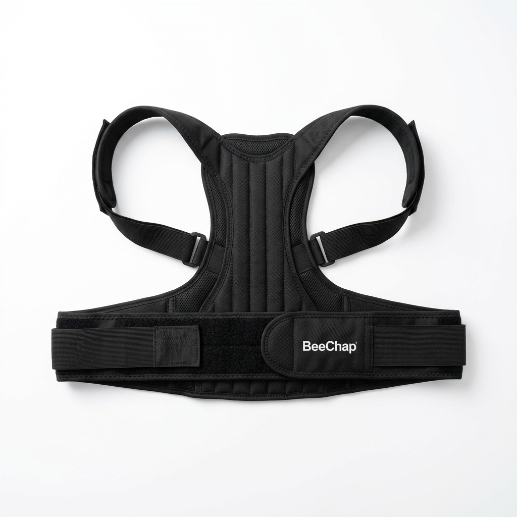 Photo professionnelle produit e-commerce _ correcteur de posture dorsal noir BeeChap sur fond blanc pur, vue de face du produit seul posé à plat, éclairage studio doux, ombres légères, rendu net et propre, sty (2)