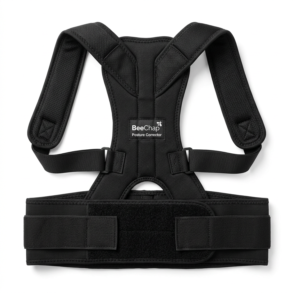 Photo professionnelle produit e-commerce _ correcteur de posture dorsal noir BeeChap sur fond blanc pur, vue de face du produit seul posé à plat, éclairage studio doux, ombres légères, rendu net et propre, style p