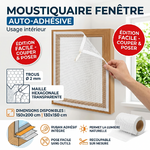 Moustiquaire auto-adhésive intérieure anti-insectes pour fenêtre, texte en français, caractéristiques_ tailles 150x200cm et 130x150cm, maille hexagonale transparente 100% polyester, trous 2mm diamètre, ruban adhés
