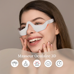 Photo produit e-commerce professionnelle _ femme souriante portant le masseur oculaire 3D blanc sur fond beige_gris doux. En bas, texte en français _Masseur Oculaire 3D_. En dessous, une rangée de 5 icônes rondes