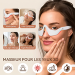 Photo produit e-commerce professionnelle _ femme souriante portant le masseur oculaire 3D blanc sur fond beige clair. À gauche, 4 petites vignettes carrées montrant les différents modes dutilisation du masseur su