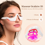 Photo produit e-commerce professionnelle _ femme portant un masseur oculaire 3D blanc élégant sur fond beige clair apaisant. Le masseur a une forme ergonomique qui épouse les yeux, en plastique blanc mat. À droite