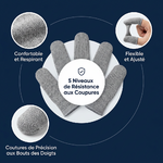 Photo produit e-commerce professionnelle sur fond bleu marine foncé _ composition montrant plusieurs couvre-doigts anti-coupure gris chiné disposés de manière élégante. Au centre, un cercle ou badge blanc avec le