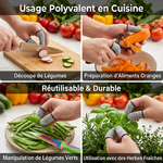 Photo produit e-commerce professionnelle _ collage de 4 vignettes montrant différentes utilisations des couvre-doigts anti-coupure gris chiné en cuisine. Vignette 1 _ découpe de légumes. Vignette 2 _ préparation d