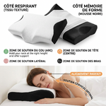 Photo produit e-commerce professionnelle sur fond blanc _ en haut, oreiller ergonomique à mémoire de forme bicolore blanc et noir avec texture en relief, montrant ses deux faces (face blanche respirante et face no