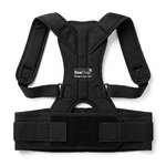 Photo professionnelle produit e-commerce _ correcteur de posture dorsal noir BeeChap sur fond blanc pur, vue de face du produit seul posé à plat, éclairage studio doux, ombres légères, rendu net et propre, style p