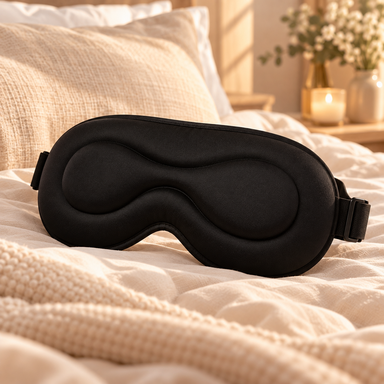 Masque de sommeil noir sur literie beige
