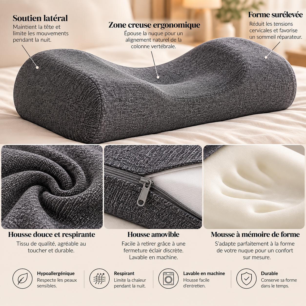 Oreiller cervical ergonomique en mousse mémoire