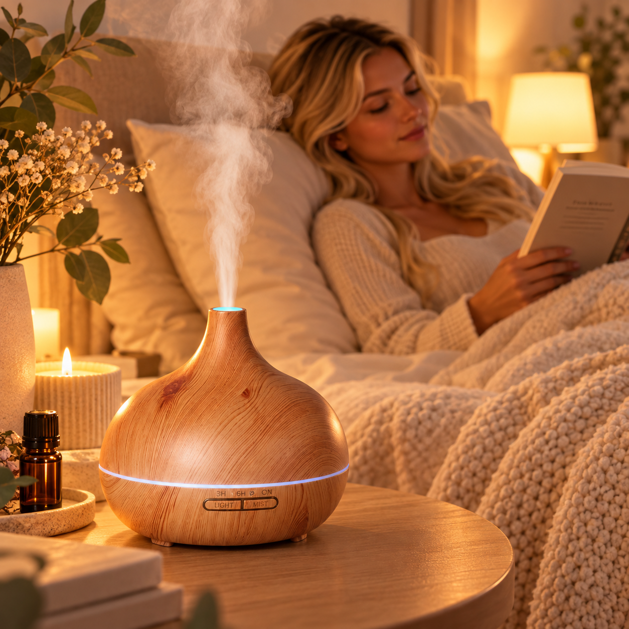 Diffuseur en bois, lecture et douceur du soir