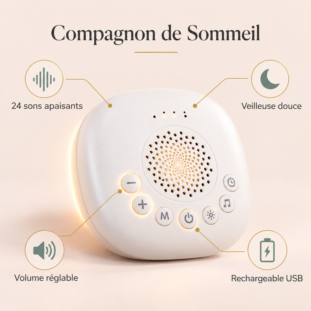 Compagnon de Sommeil : 24 sons apaisants, veilleuse douce, volume réglable, rechargeable USB