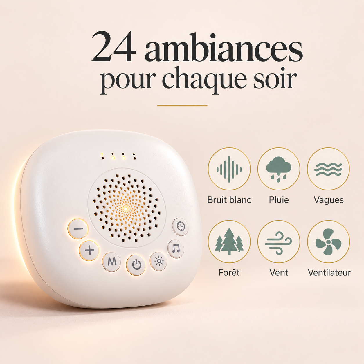 24 ambiances sonores : bruit blanc, pluie, vagues, forêt, vent, ventilateur