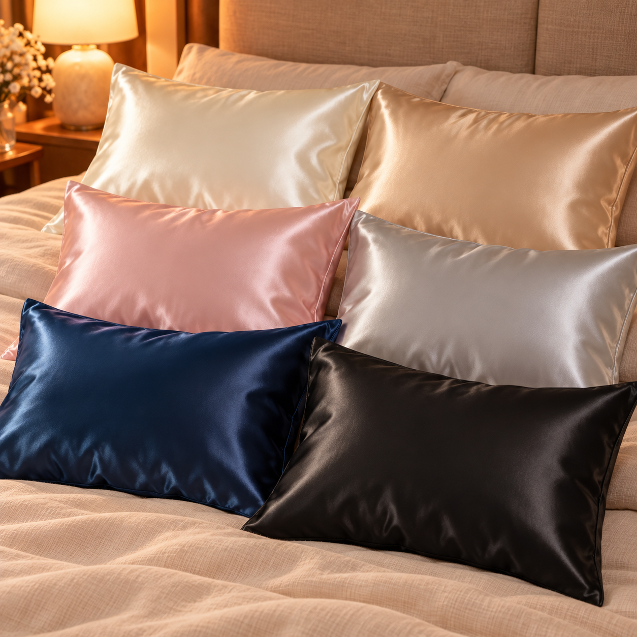 Taies en soie de mûrier en six coloris : ivoire, champagne, rose, gris, bleu nuit, noir