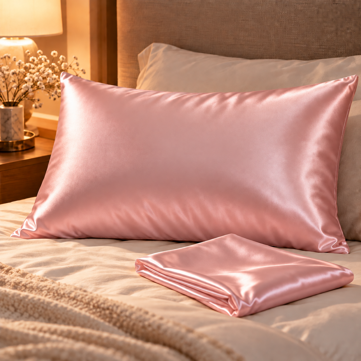 Taie doreiller en soie de mûrier rose poudré sur un lit