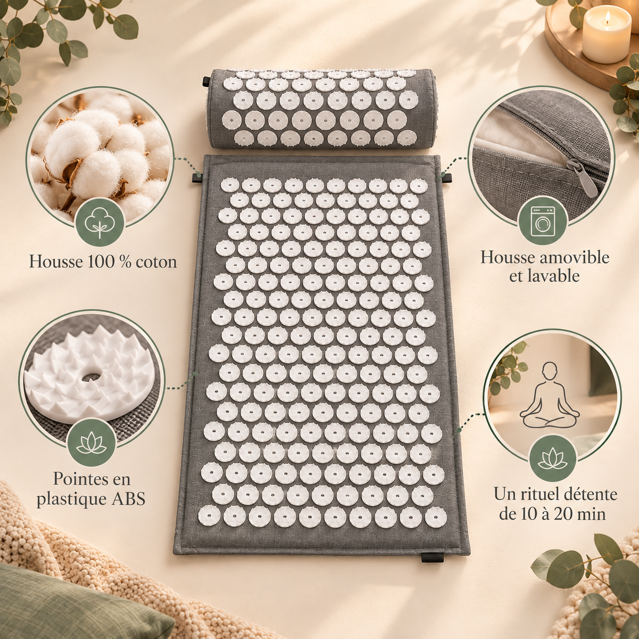Points forts du tapis dacupression : housse 100 % coton amovible, pointes ABS