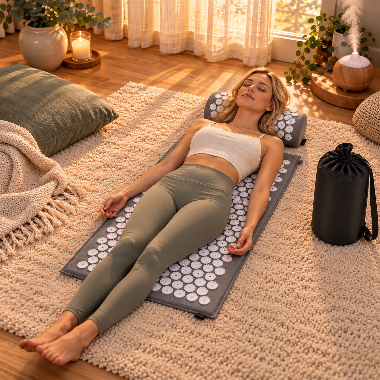 Femme détendue allongée sur un tapis d'acupression