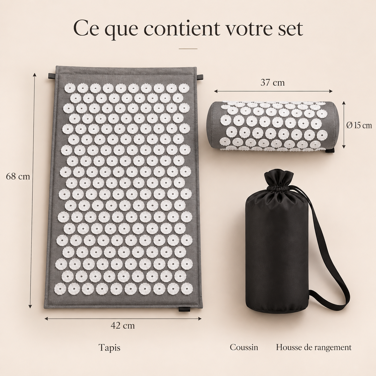 Contenu du set dacupression : tapis 68 x 42 cm, coussin 37 cm, housse