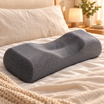 Oreiller cervical gris sur lit douillet