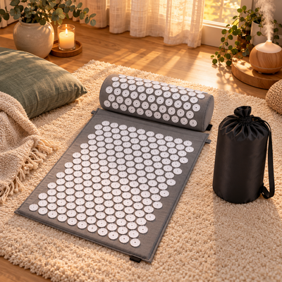 Set tapis d'acupression gris avec coussin et housse dans un coin détente