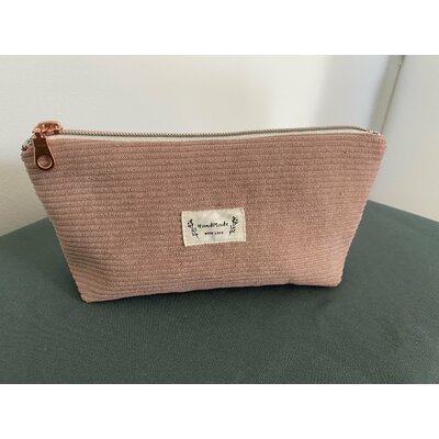 Trousse scolaire en velours côtelé rose fait main