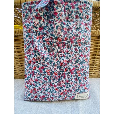 Housse de livre en tissu fleuri rose faite main avec doublure écrue et deux liens