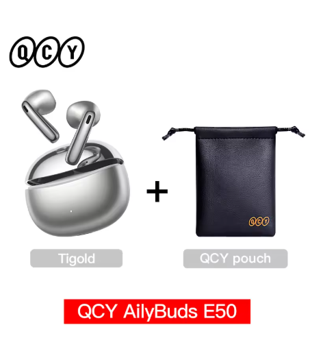écouteur sans fil bluetooth QCY argenté avec pochette