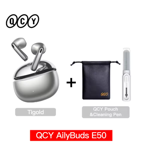 écouteur sans fil bluetooth QCY argenté avec accessoires 25