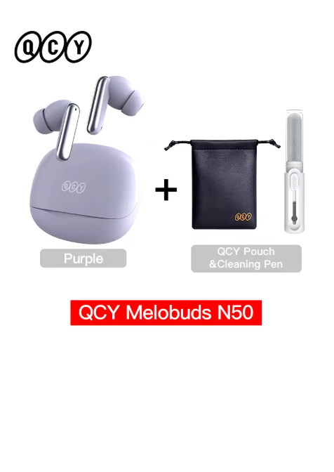écouteurs sans fil bluetooth violet avec sacoche et stylo