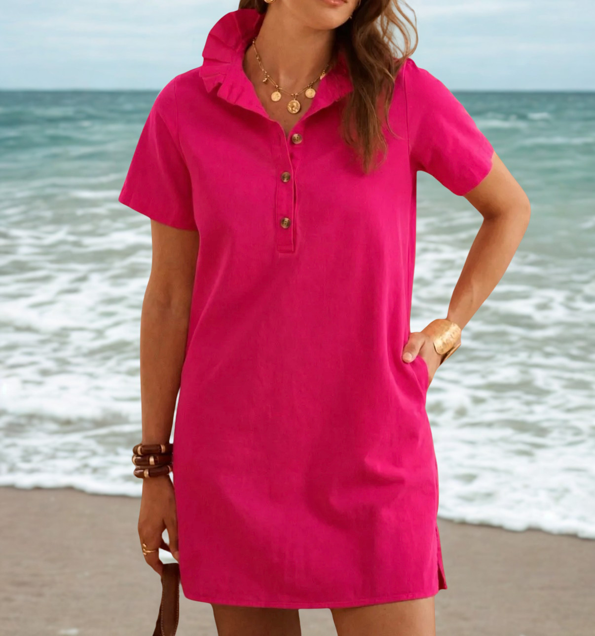 robe jean fuchsia col montant