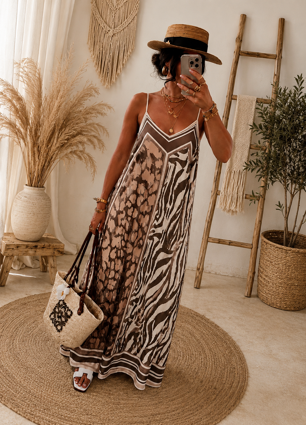 robe longue motif animalier marron