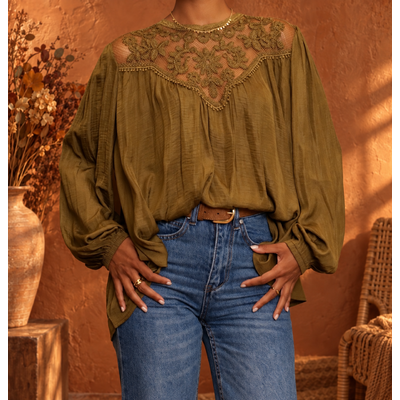 BLOUSE SATIN COL DENTELLE KAKI OLIVE