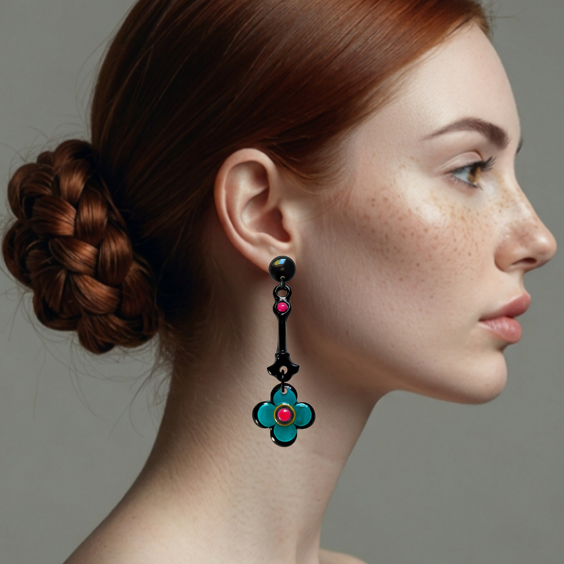 Boucles-oreilles-longues-fleur-turquoise-mannequin