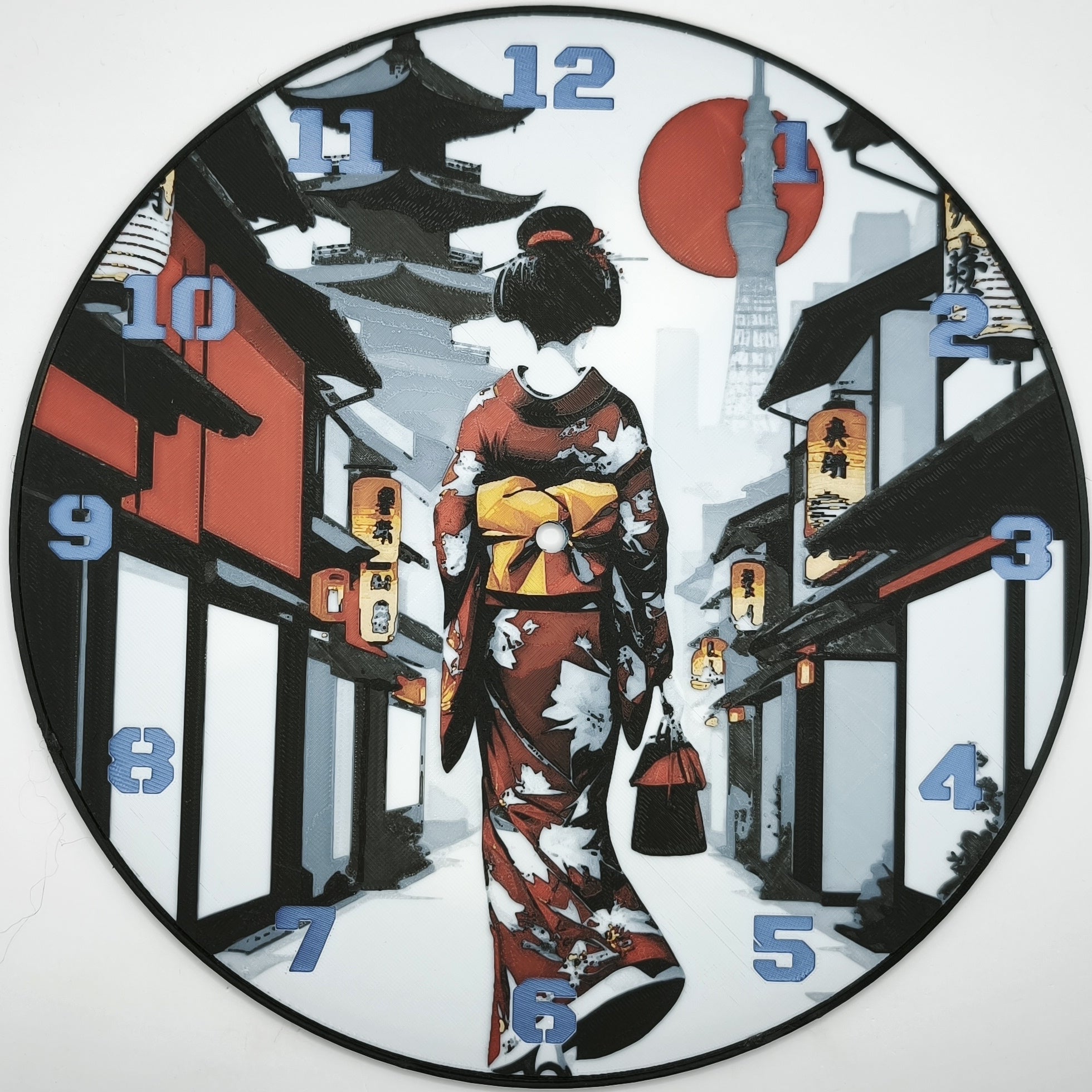 horloge_complete_Une_Geisha_dans_Kyoto_de_dos_impression_3D_nombres_couleur_bleu