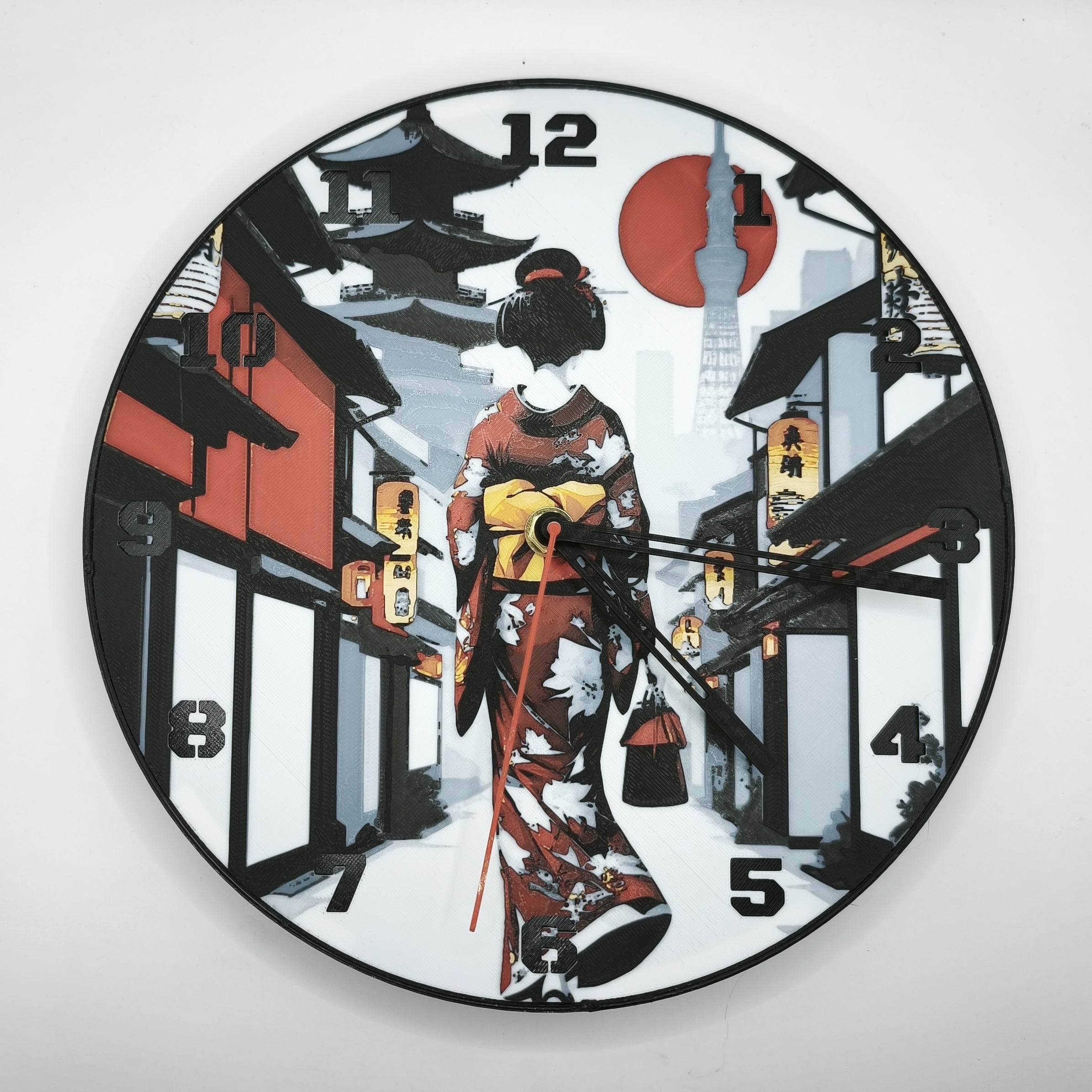 horloge_complete_Une_Geisha_dans_Kyoto_de_dos_impression_3D_nombres_couleur_noir_aiguilles