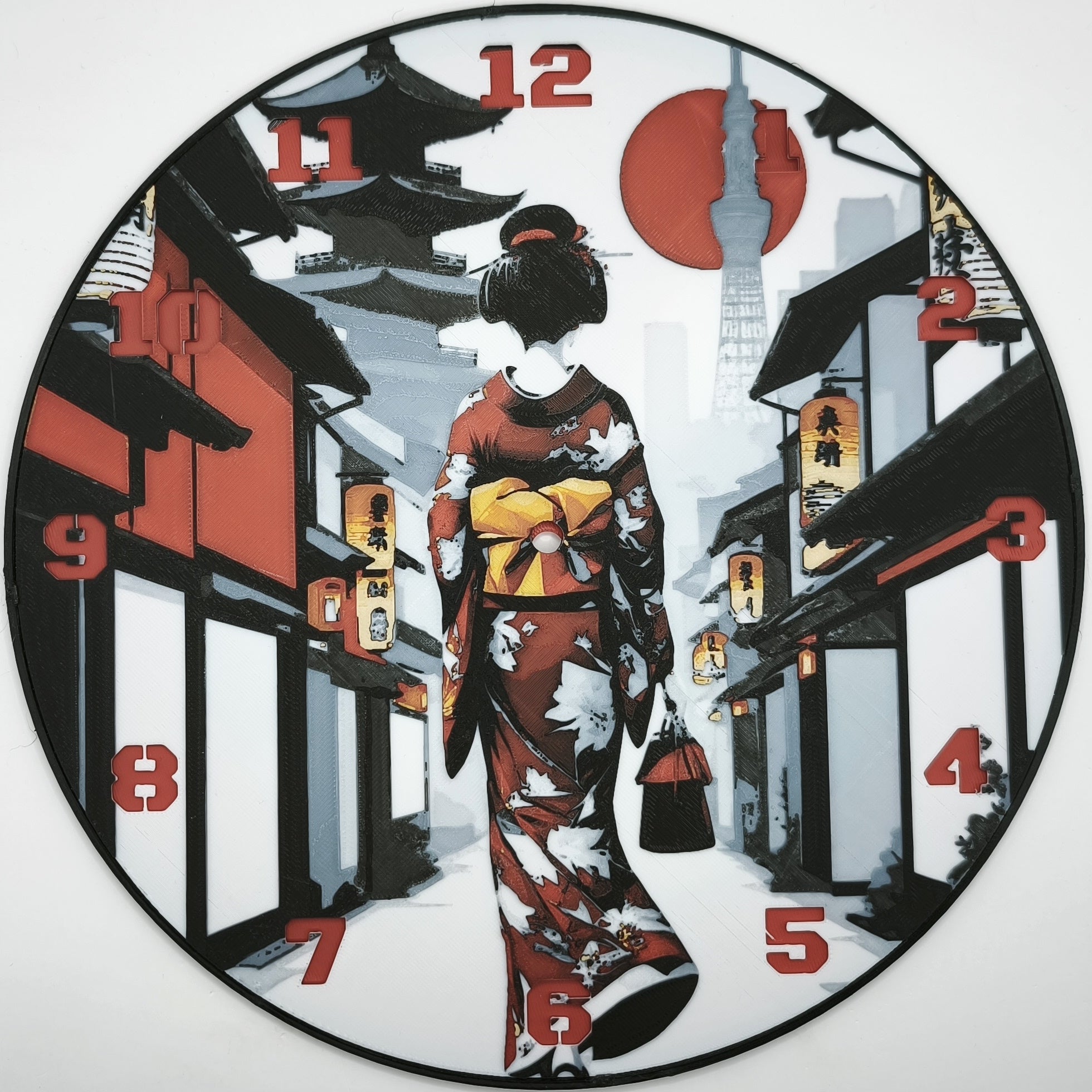 horloge_complete_Une_Geisha_dans_Kyoto_de_dos_impression_3D_nombres_couleur_rouge