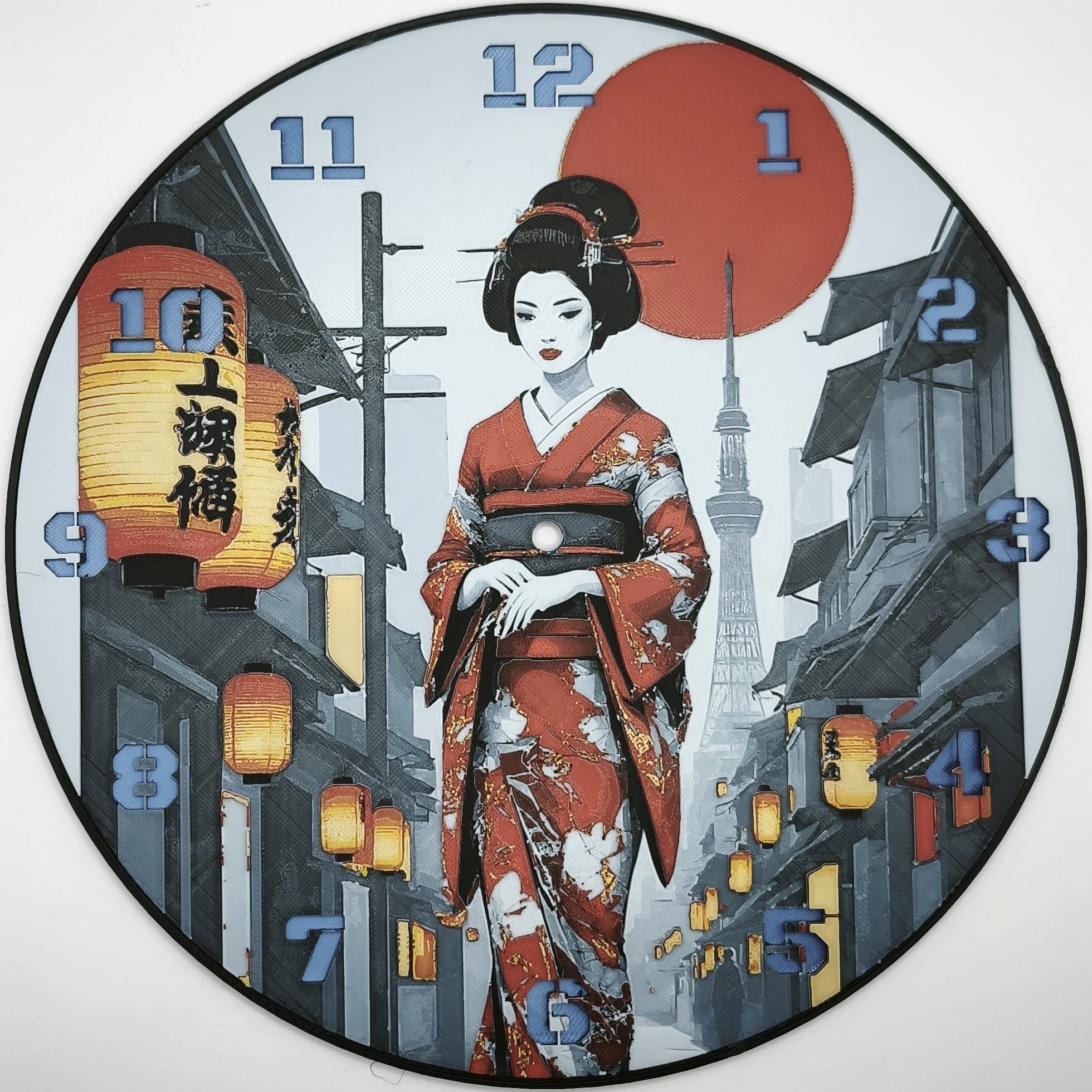 horloge_complete_Une_Geisha_dans_Kyoto_de_face_impression_3D_nombres_couleur_bleu