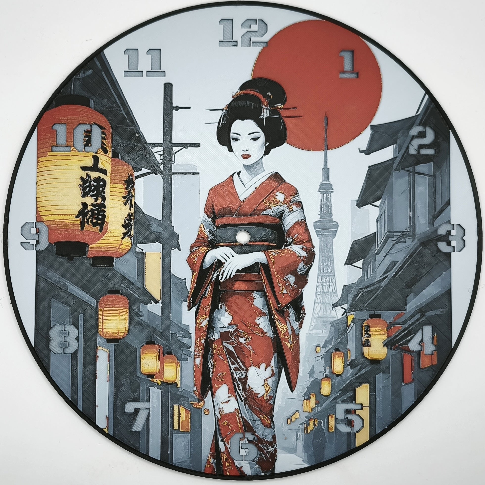 horloge_complete_Une_Geisha_dans_Kyoto_de_face_impression_3D_nombres_couleur_argent