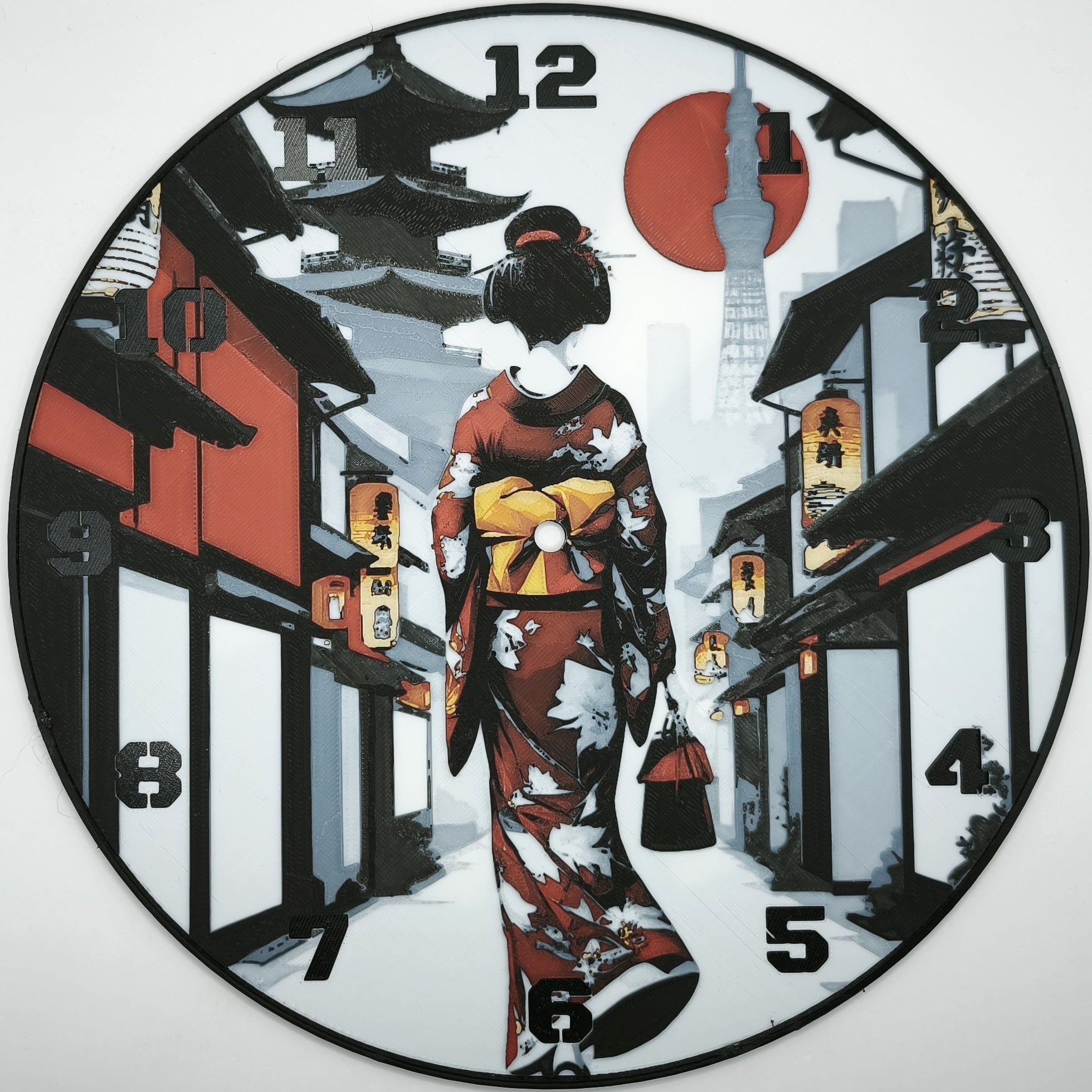 horloge_complete_Une_Geisha_dans_Kyoto_de_dos_impression_3D_nombres_couleur_noir