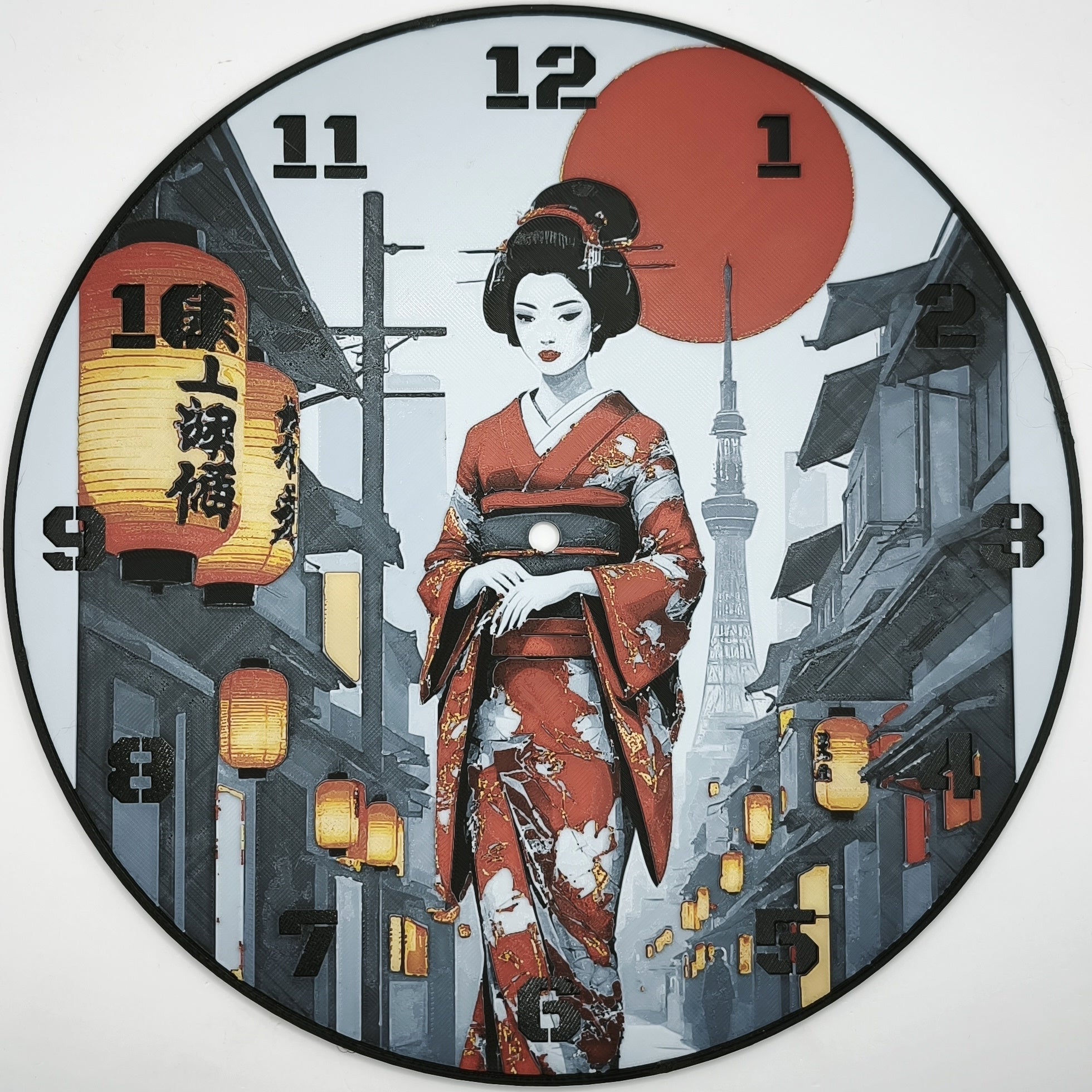 horloge_complete_Une_Geisha_dans_Kyoto_de_face_impression_3D_nombres_couleur_noir