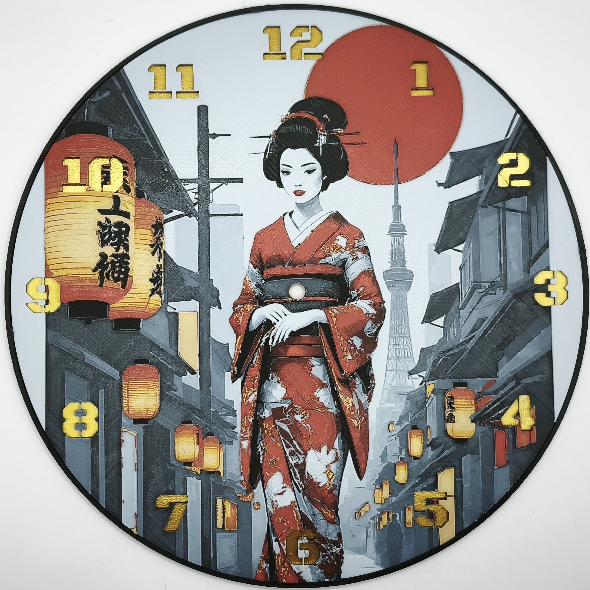 horloge_complete_Une_Geisha_dans_Kyoto_de_face_impression_3D_nombres_couleur_or