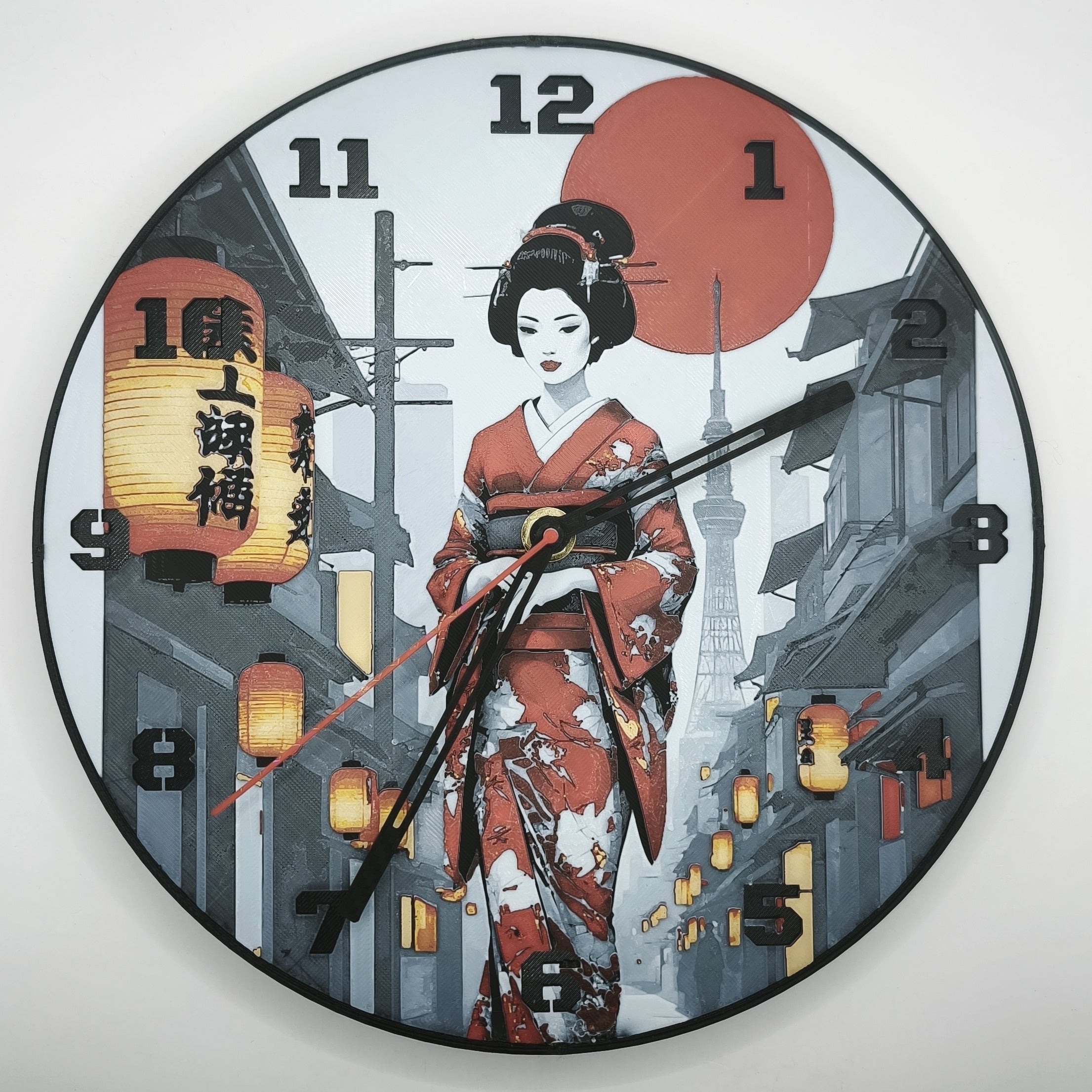 horloge_complete_Une_Geisha_dans_Kyoto_de_face_impression_3D_nombres_couleur_noir_aiguilles