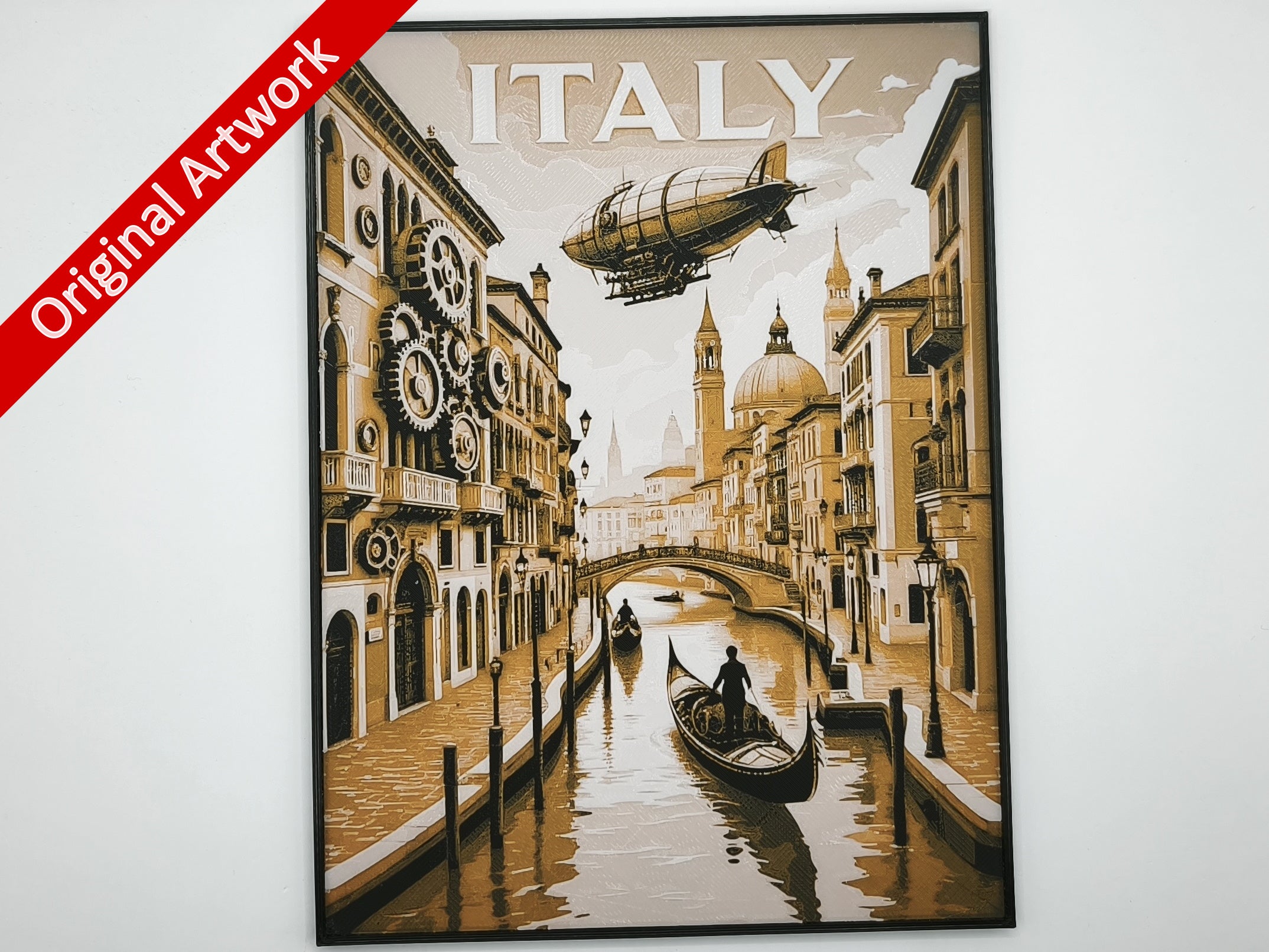 3D_printed_travel_poster_of_Italy_in_steampunk_style_with_frame