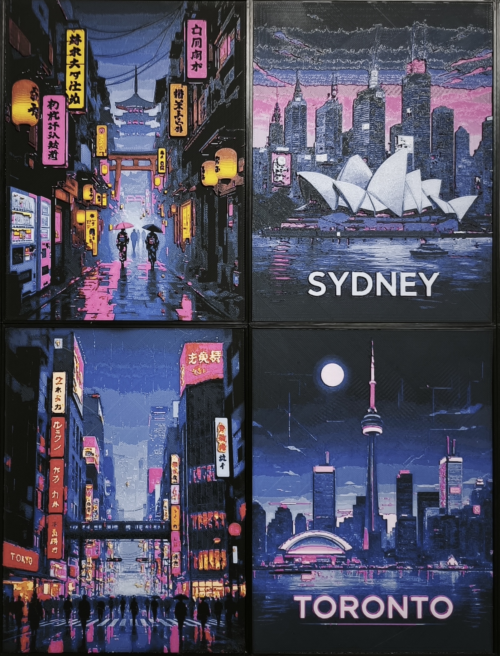 Ensemble d'affiches de voyage inspiration cyberpunk imprimées en 3D