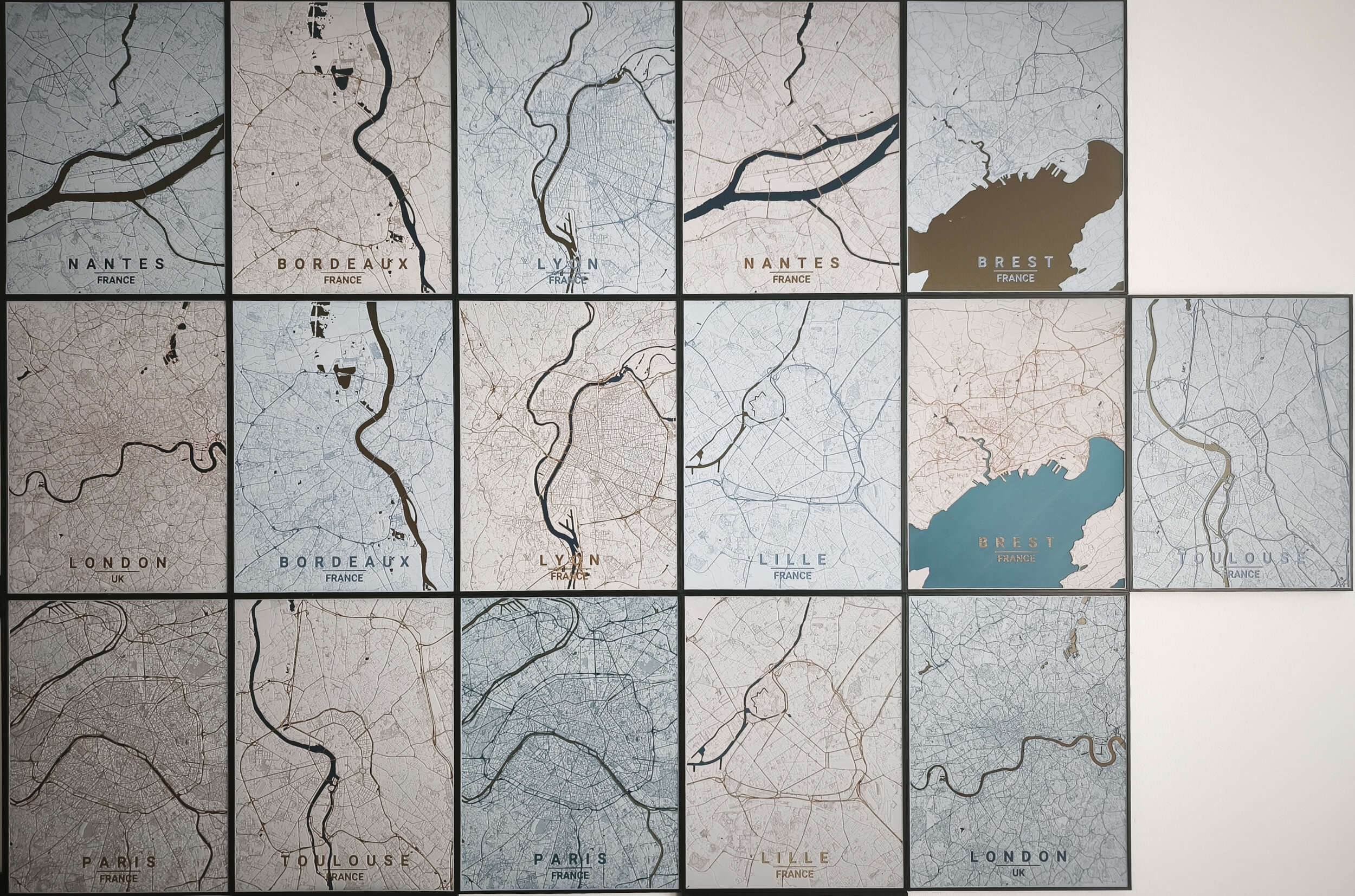 Ensemble d'affiches de cartes de villes imprimées en 3D