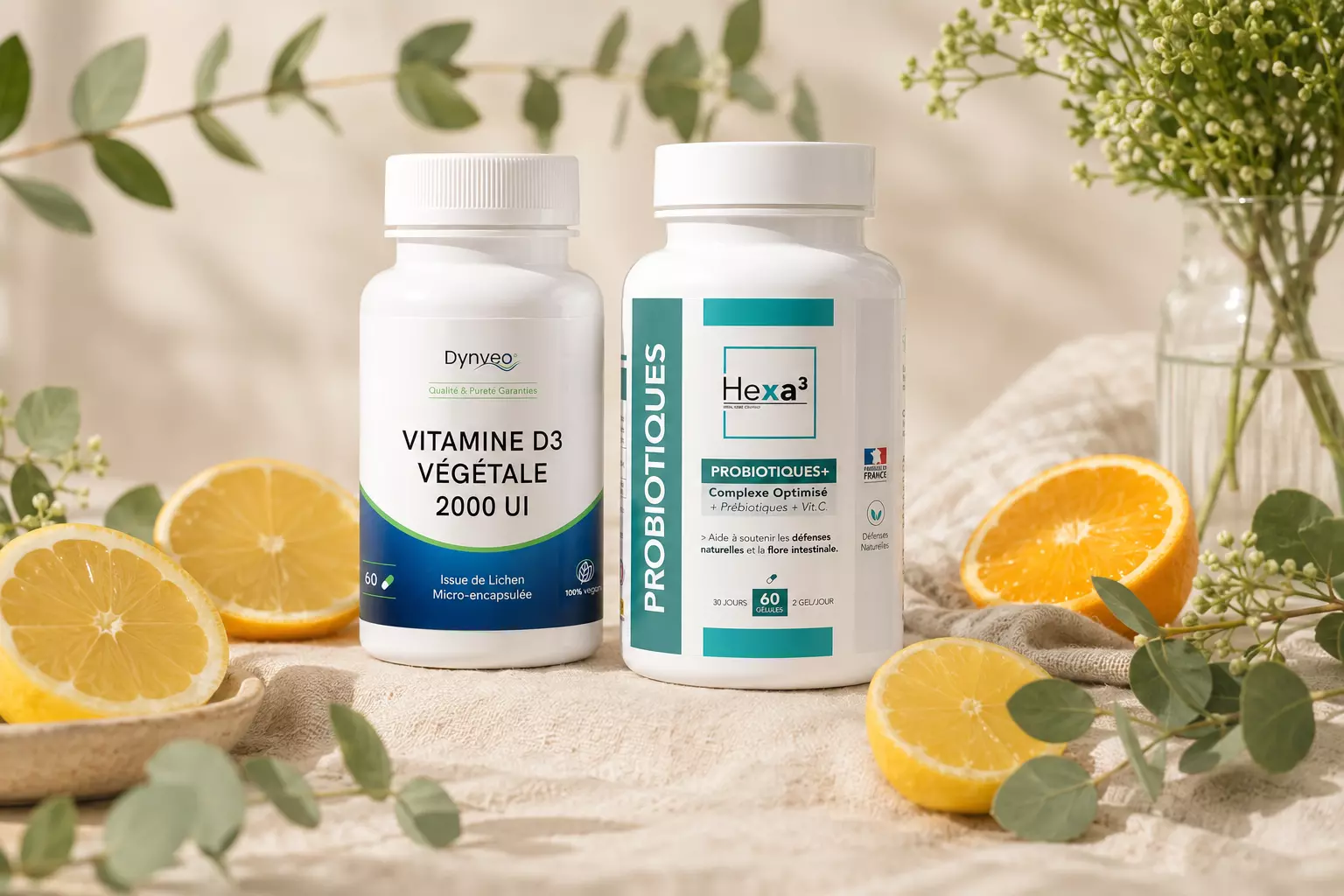 Vitamine D3 végétale et Probiotiques+ entourés d'agrumes — sélection immunité Nuvaya Shop