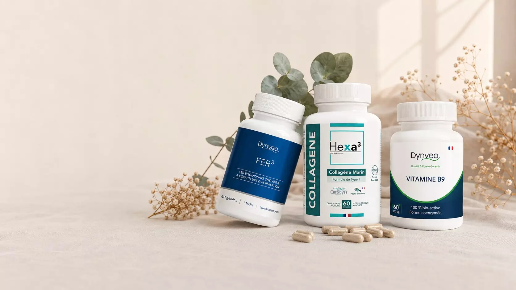 Sélection de compléments alimentaires Nuvaya Shop sur lin crème avec eucalyptus