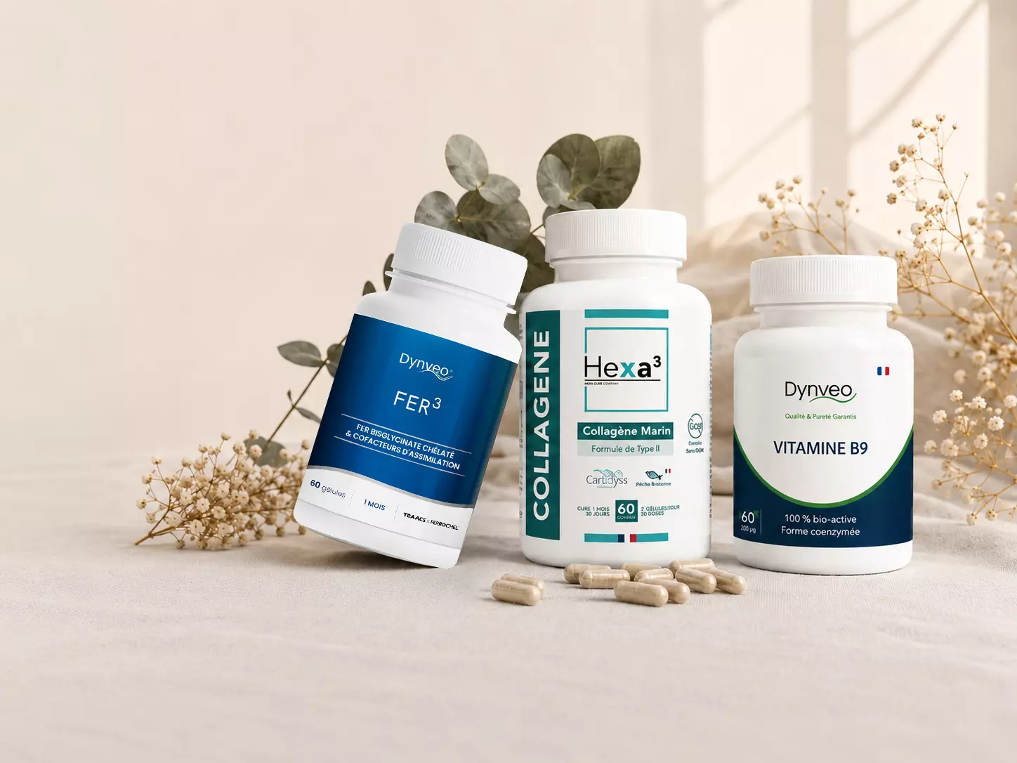 Sélection de compléments alimentaires Nuvaya Shop sur lin crème avec eucalyptus