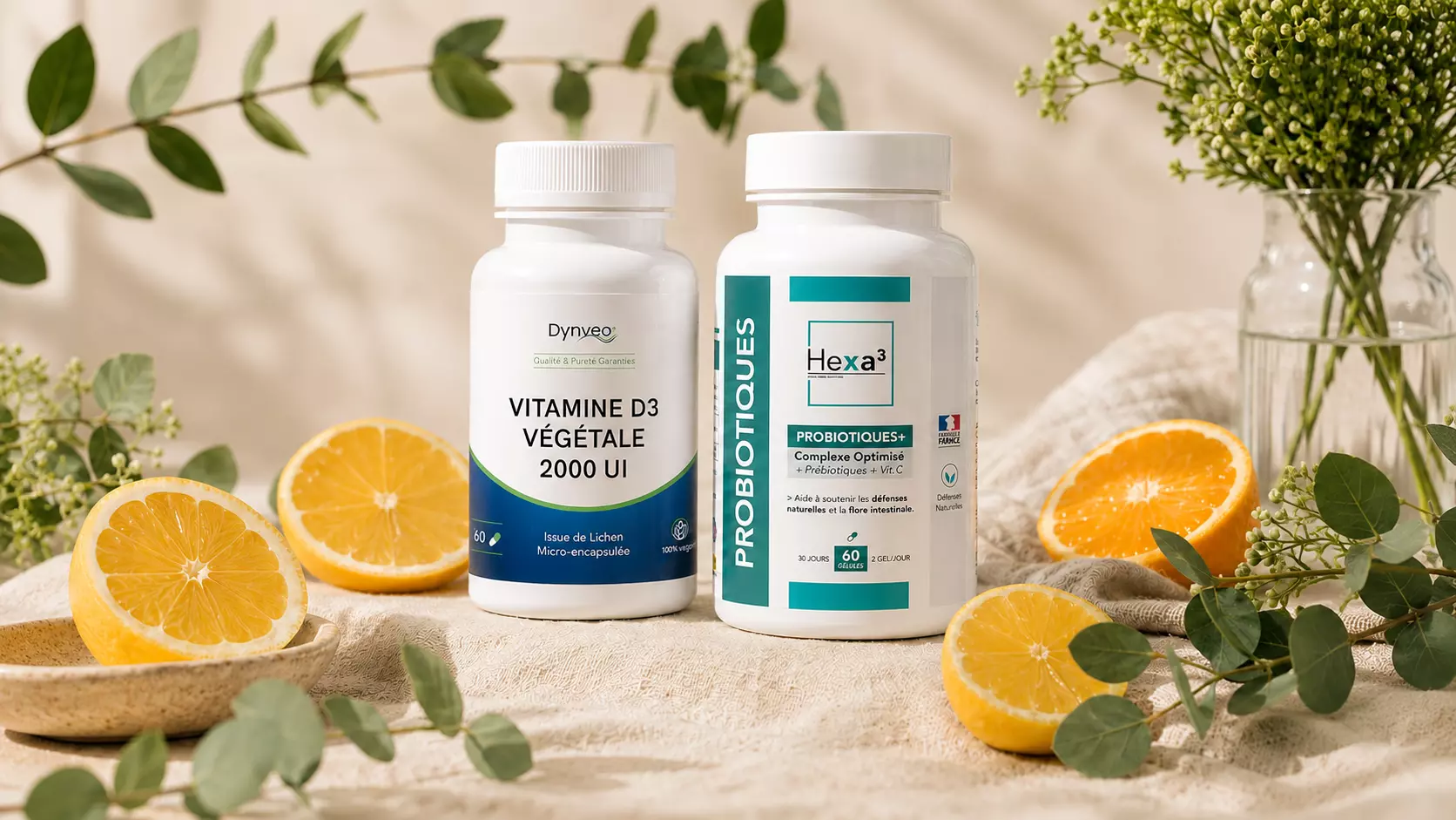 Vitamine D3 végétale et Probiotiques+ entourés d'agrumes — sélection immunité Nuvaya Shop