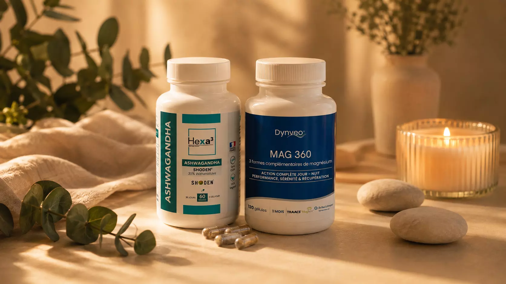 Ashwagandha Shoden® et Complexe Magnésium 360 en ambiance du soir — sélection Nuvaya Shop