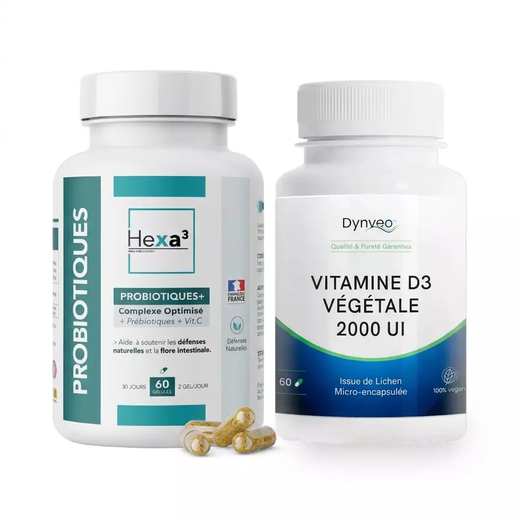 Pack Je Me Renforce : flacon Vitamine D3 végétale et flacon Probiotiques+